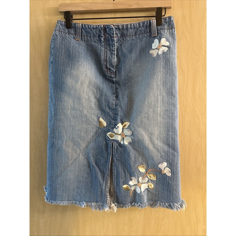 Y2K Floral Patch Denim Midi Skirt Size 4 Kenneth Cole